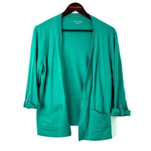 Studio Works Women Petite L Green Roll Tab Sleeve Open Cardigan Pockets 1373E2